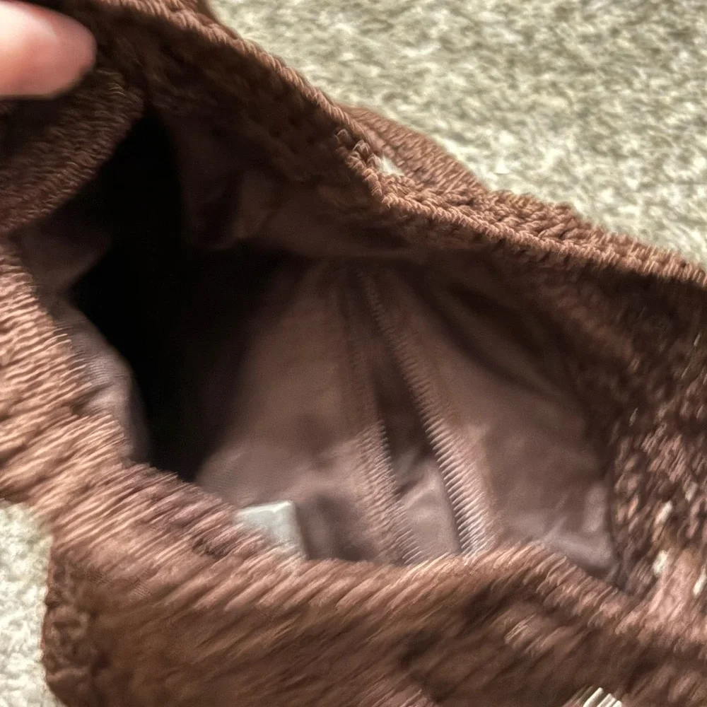 THE SAK women’s Brown Crochet Bucket Bag Backpack Drawstring Tote Purse w/charm‎